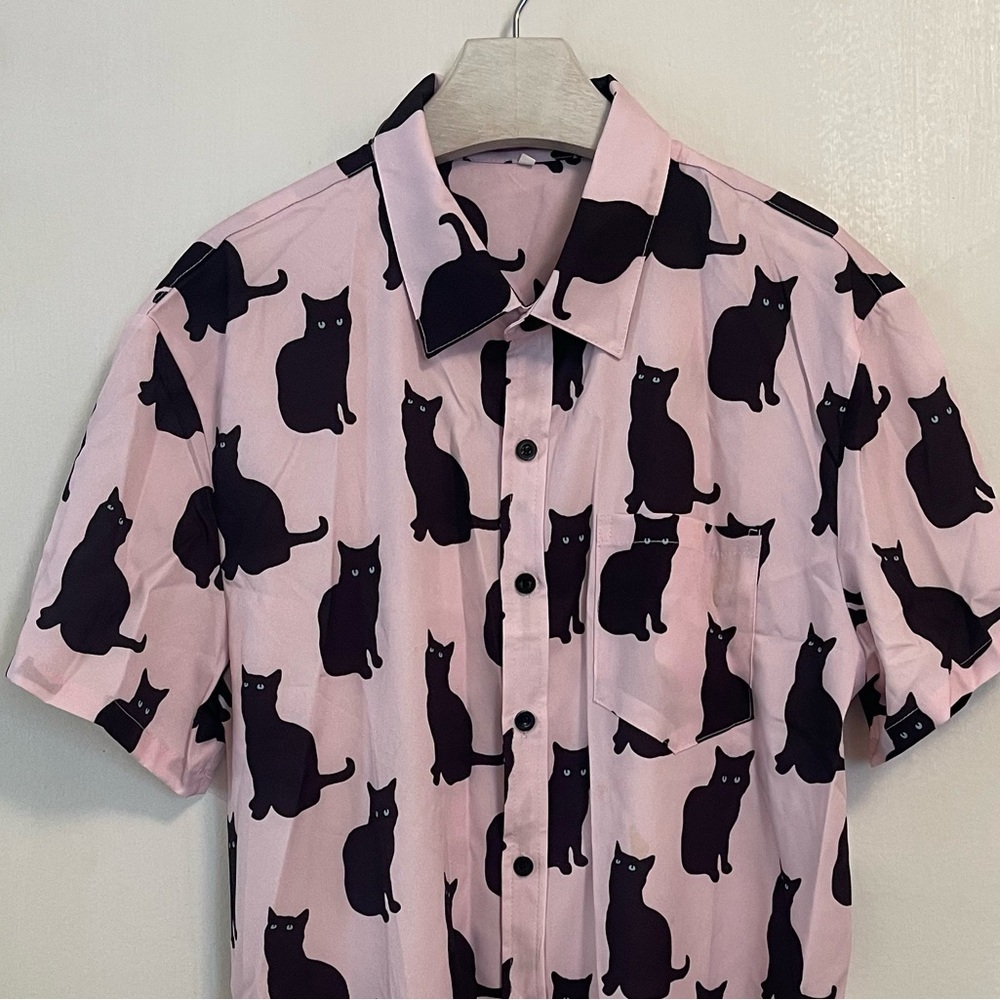 Shein Shirt Black Cats Pink Large New Button Down Mens - Picture 9 of 11